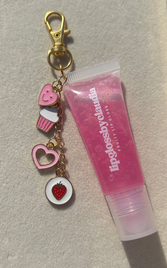 lip gloss keychain with charms - strawberry scented